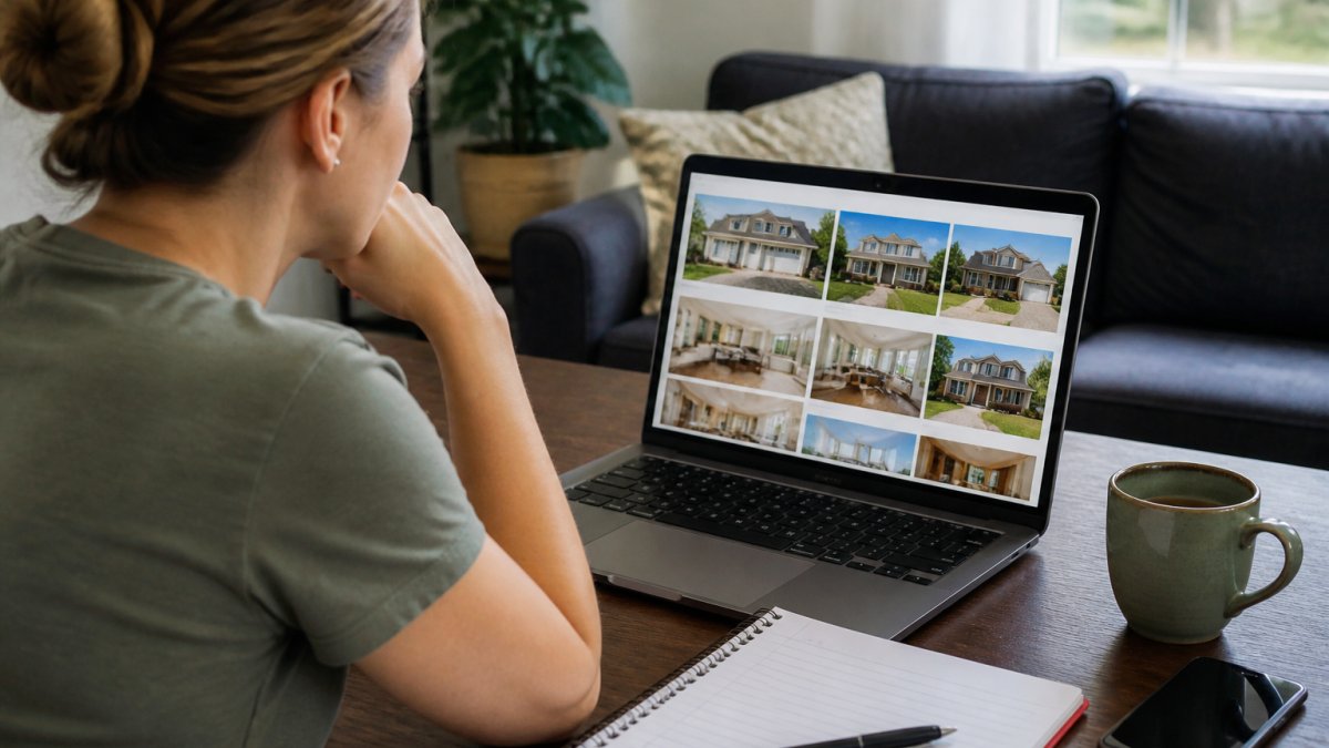 First-time homebuyer browsing homes for sale in Millwood on a laptop and taking notes in a notebook