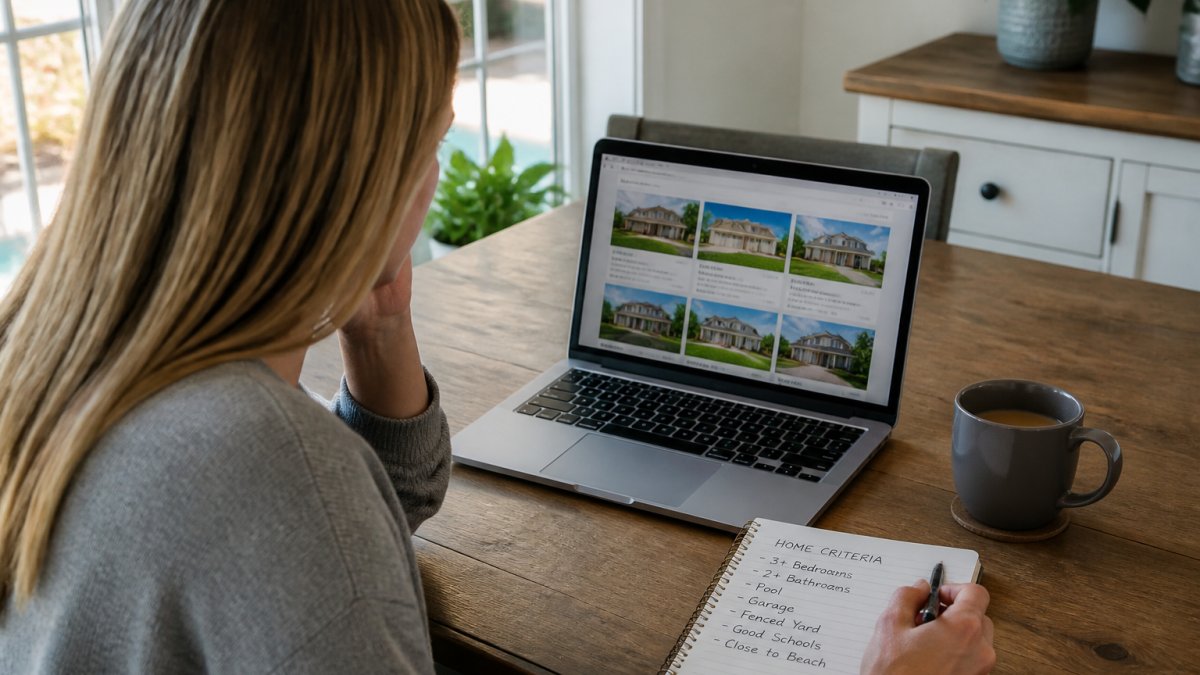 A buyer sitting at a kitchen table with a laptop open to a property listing site, a notepad with handwritten home criteria, and a cup of coffee nearby in a bright home office