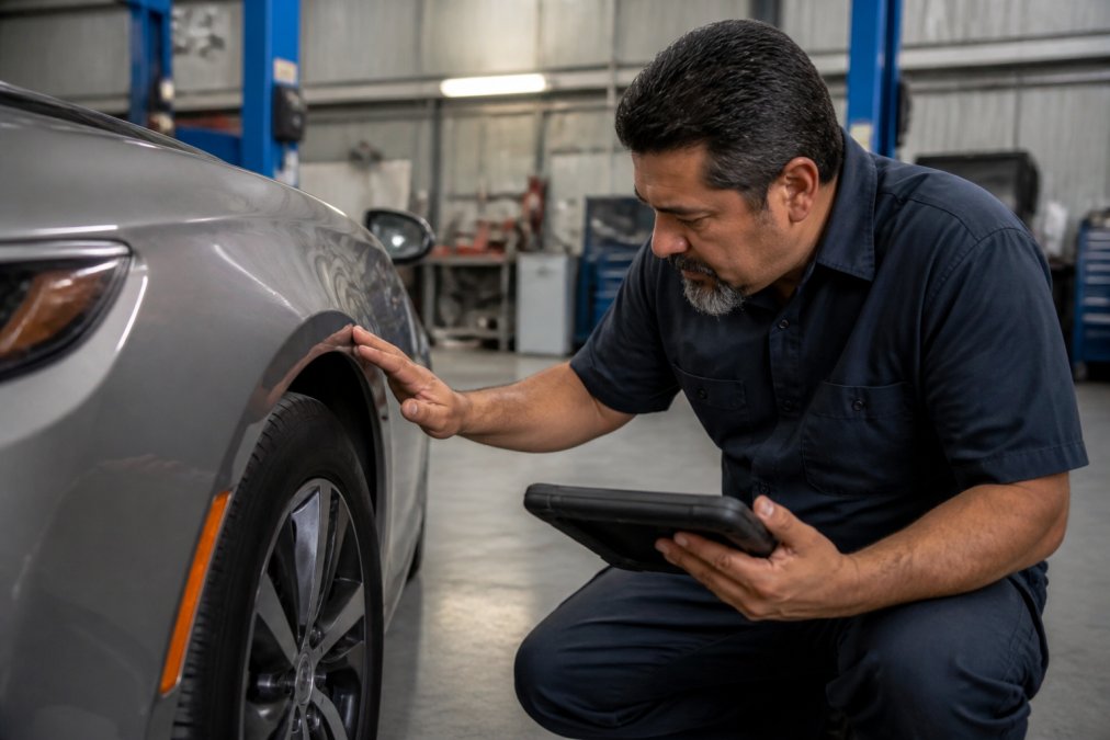 Professional auto body technician performing detailed vehicle inspection using diagnostic equipment in modern, well-organized repair facility with proper lighting and clean work environment