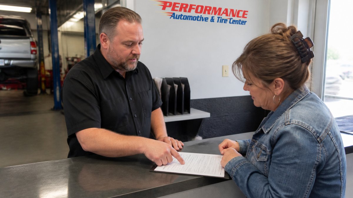 Professional automotive technician reviewing repair estimate with customer at service counter in well-lit shop, discussing paperwork and vehicle concerns
