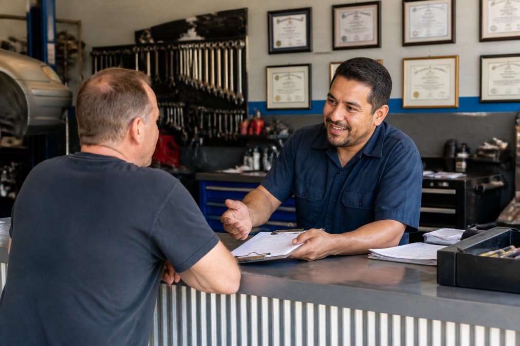 A clean, well-organized automotive repair shop with organized tools on walls, professional certifications displayed prominently, and a service advisor discussing repair details with a customer at a desk with paperwork and a tablet