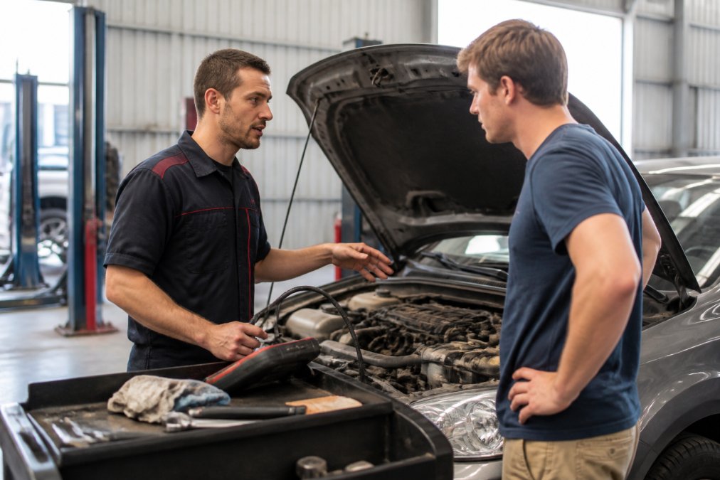 A mechanic in professional workshop attire with diagnostic scanner connected to a vehicle engine, gesturing while explaining findings to a customer standing beside the workbench, with modern workshop equipment visible in soft natural lighting