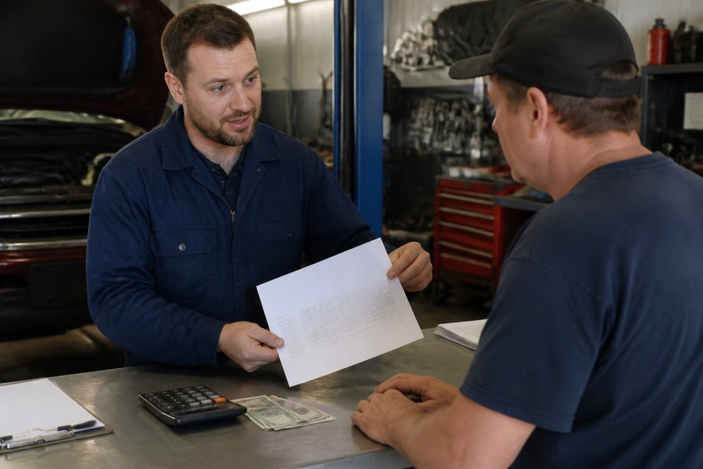 A mechanic in professional overalls handing a detailed printed service estimate to a customer at the workshop counter, both reviewing the itemised document together under bright workshop lighting