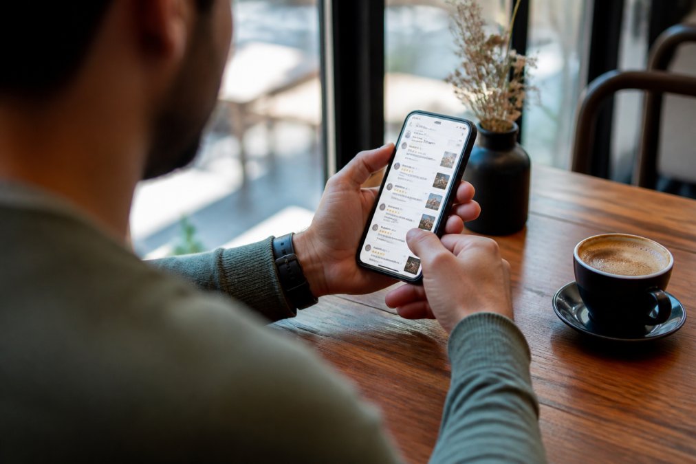 Close-up of a car owner's hands holding a smartphone, scrolling through workshop reviews and ratings on a mobile app, sitting in a bright cafe with natural light streaming through windows