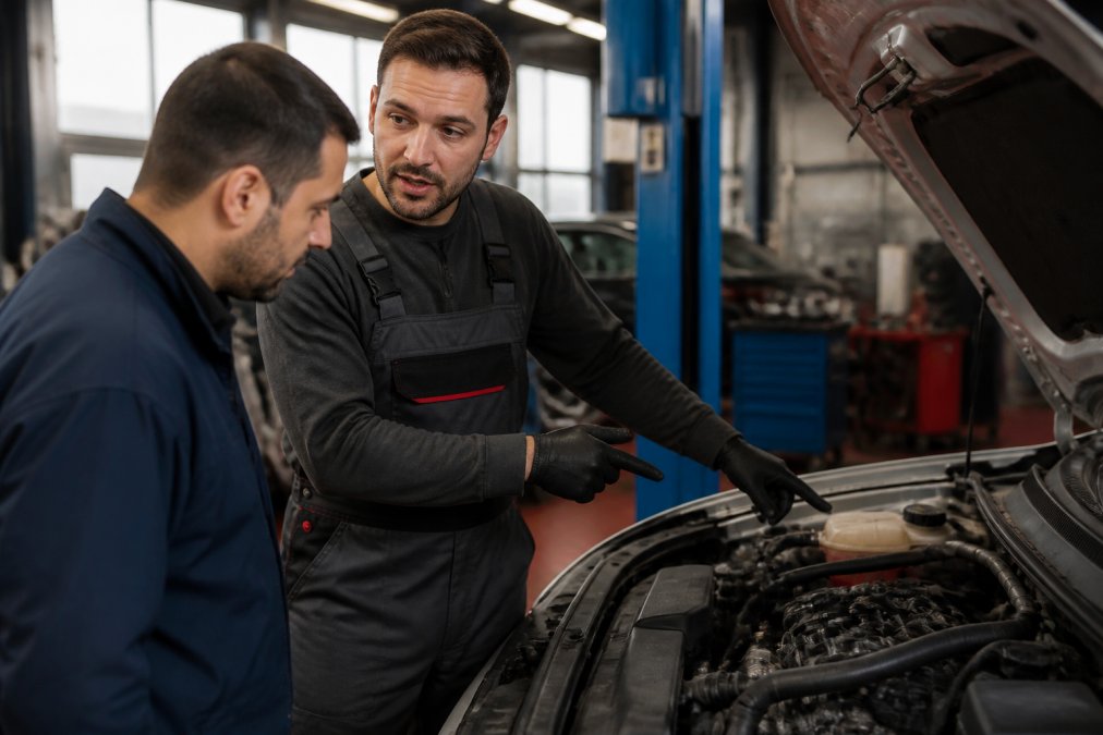 A customer speaking with a professional mechanic in a well-lit workshop, pointing to a vehicle component while discussing repairs, with diagnostic equipment visible in the background