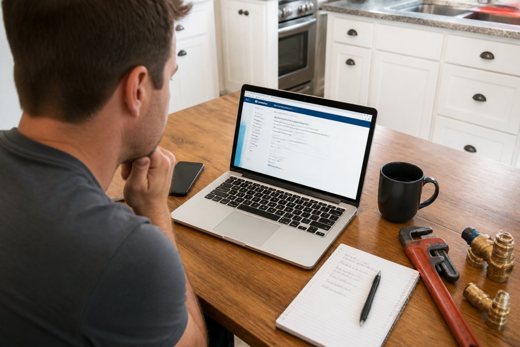 A homeowner sitting at a kitchen table with a laptop, reviewing a state plumbing license verification website, with a phone and notepad nearby showing handwritten license numbers