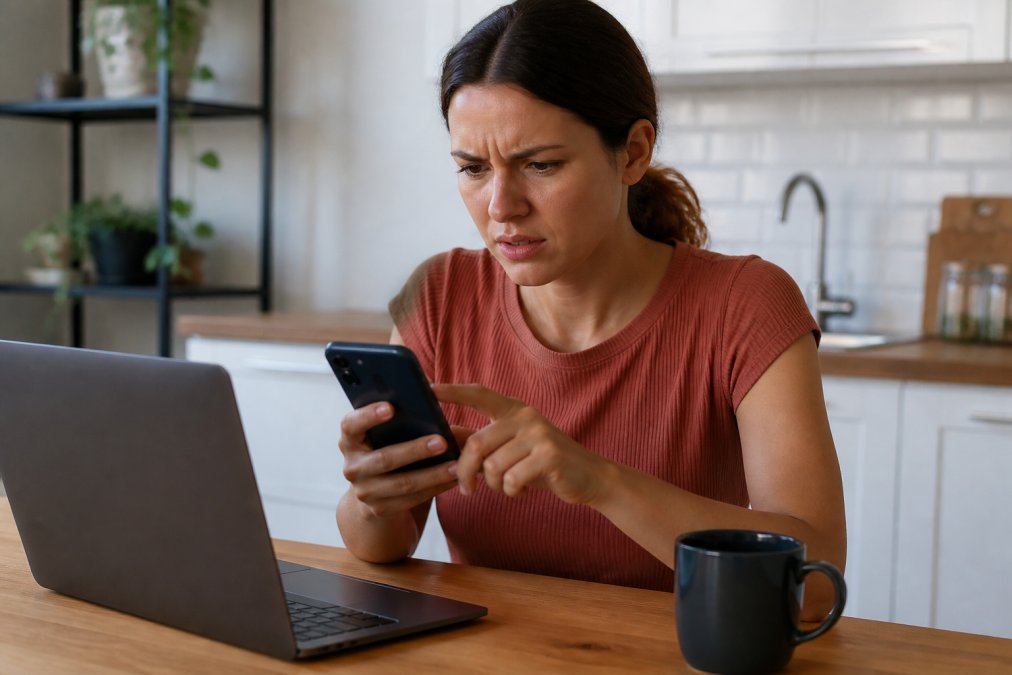 A close-up of a person's hands holding a smartphone, scrolling through product reviews with a skeptical expression, sitting at a kitchen table with a laptop and coffee mug nearby