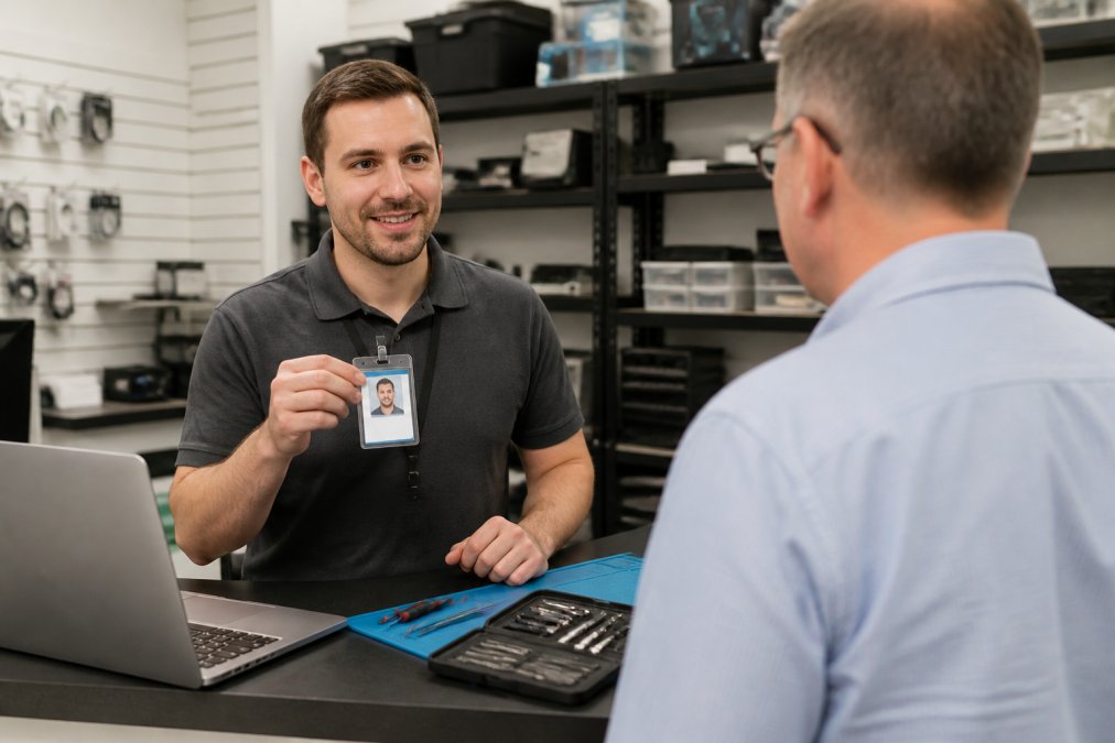 Technician showing certification to a customer as part of an honest tech repair credential verification process