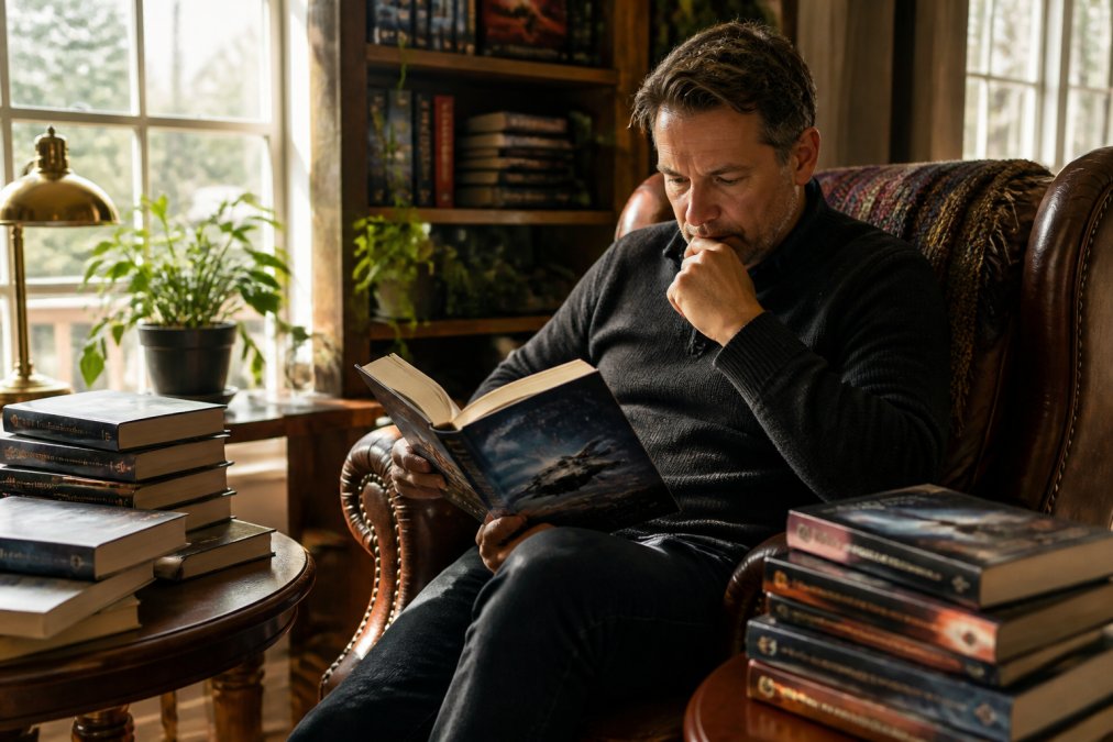 Reader in an armchair surrounded by immersive science fiction books while choosing a new story to read.