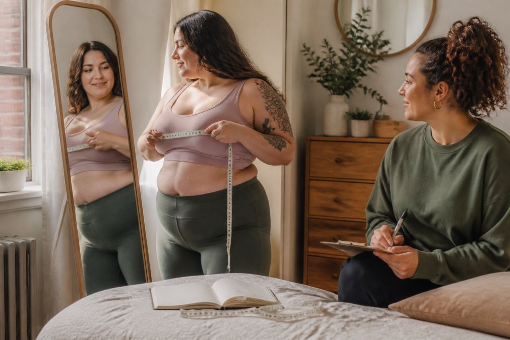 Woman measuring her bust with a tape measure while a friend records details in a bright bedroom