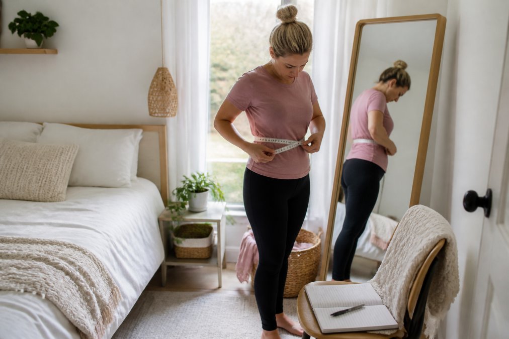 A woman standing in front of a full-length mirror in a bright bedroom, holding a soft measuring tape around her waist, with a notebook and pen on a nearby chair, natural window light and cozy neutral tones