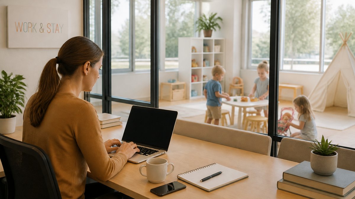 Parent working on a laptop near indoor play areas high-speed wifi while children play safely in view