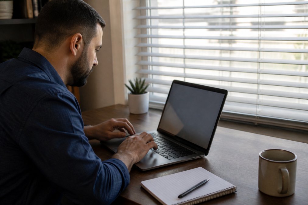 A person using a laptop to search an online jail roster, with a notepad and pen on a desk in a home office