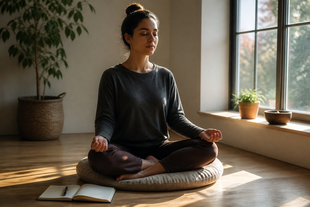 Person sitting in morning light with a journal to help find inner peace through mindful meditation and breathing.