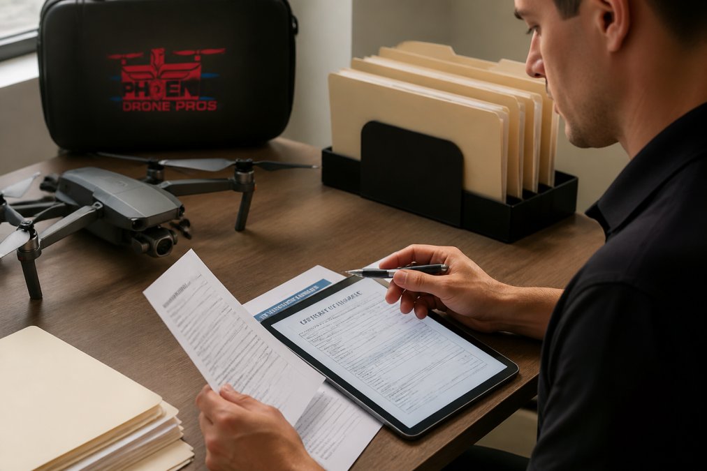 Business professional reviewing drone operator credentials and insurance certificate of insurance documents on tablet and desk with organized file folders