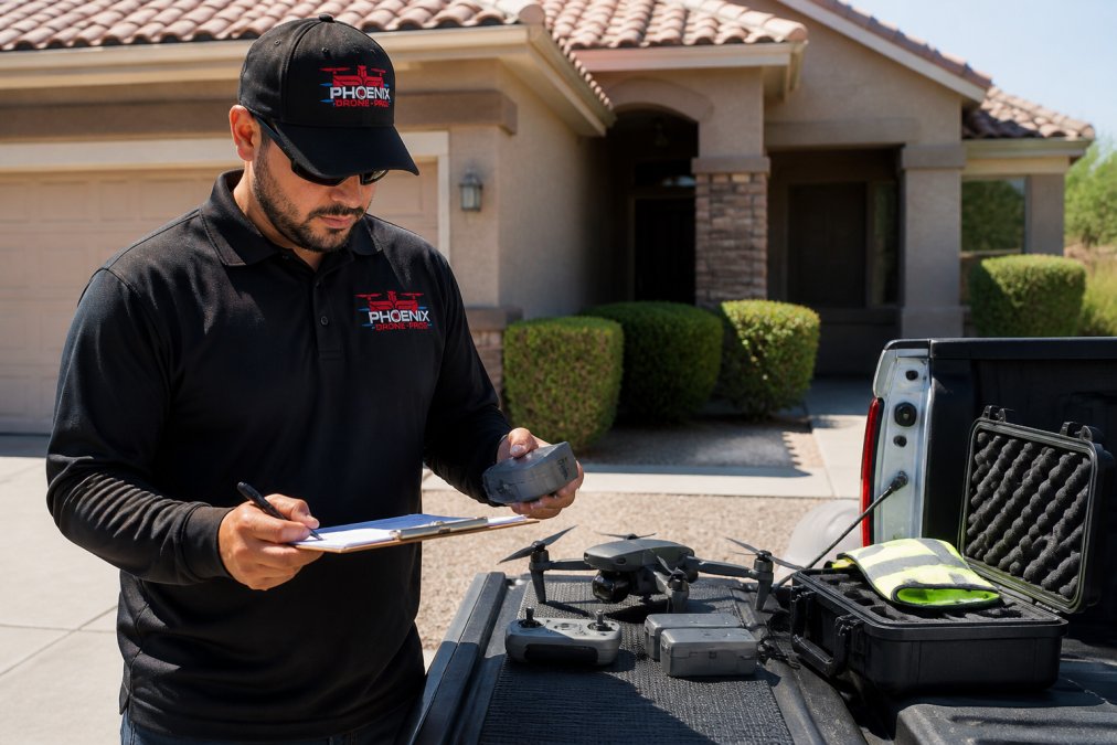 Professional drone pilot conducting pre-flight equipment inspection on residential property, checking drone battery and safety gear with checklist in hand