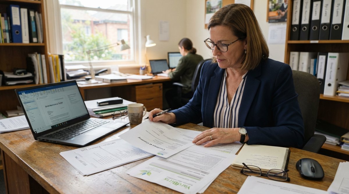 Strata manager reviewing insurance certificates and contractor documents to help you learn how to find insured garden
