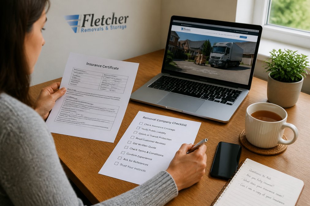 A person sitting at a wooden desk reviewing insurance documents and a printed checklist, with a laptop showing a removal company website and a mobile phone beside a cup of tea, soft daylight from a window