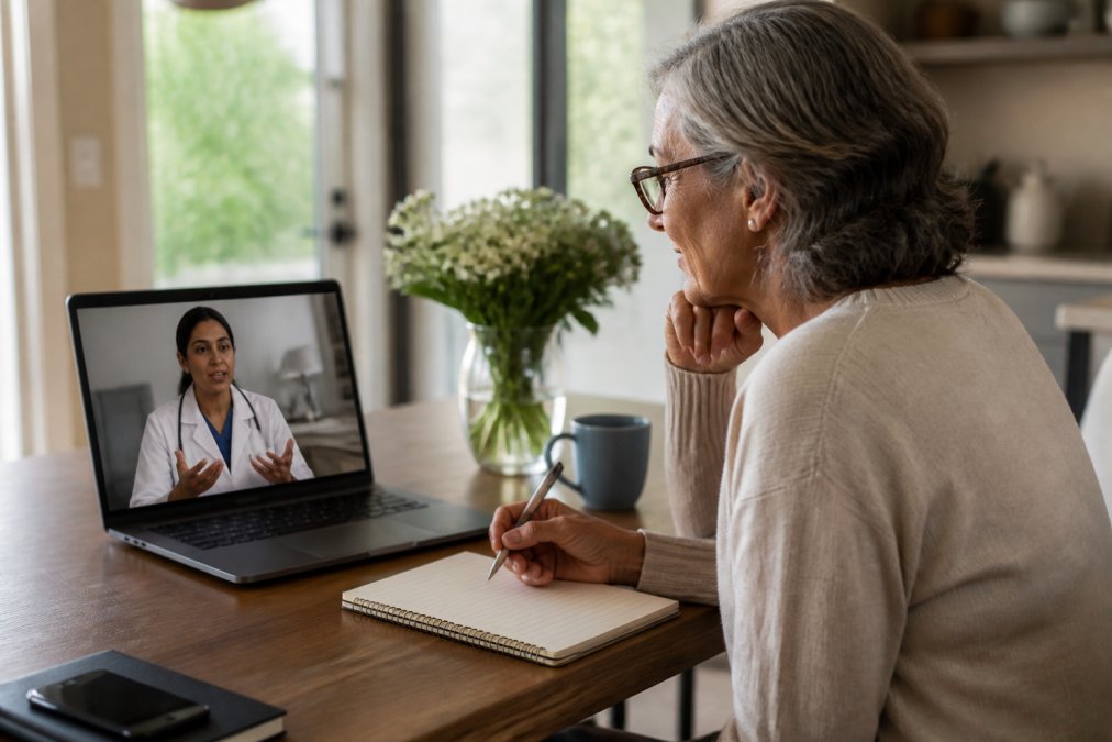 A woman in her 50s sitting at a home desk with a laptop open to a video call with a female doctor, notebook and pen nearby, warm natural light