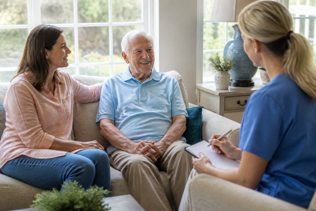 An adult daughter sitting with her elderly father in a bright, home-like living room, talking with a caregiver who is seated nearby with a notepad, warm natural light through large windows, comfortable residential furniture