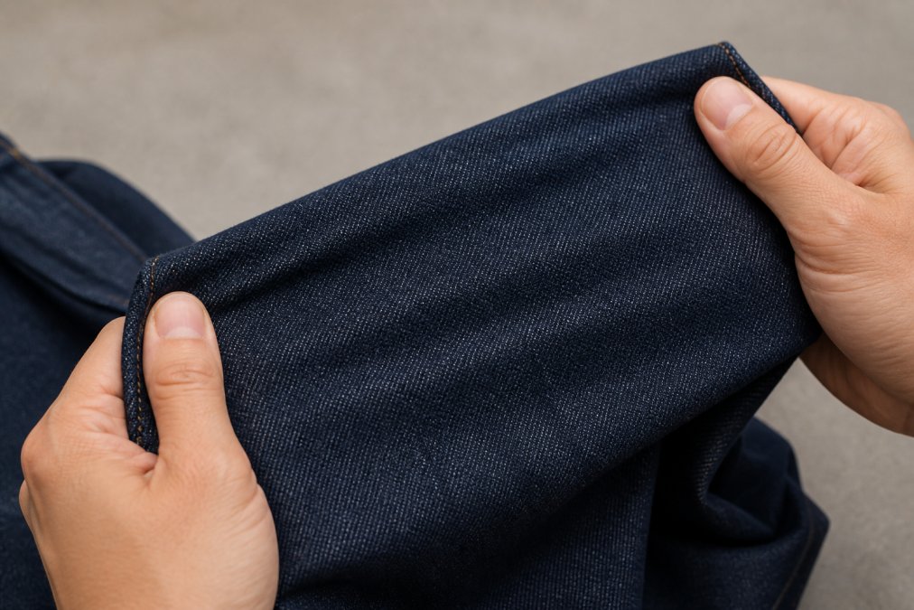 Close-up of hands stretching a pair of dark indigo jeans between fingers, showing the fabric weave and texture on a neutral background