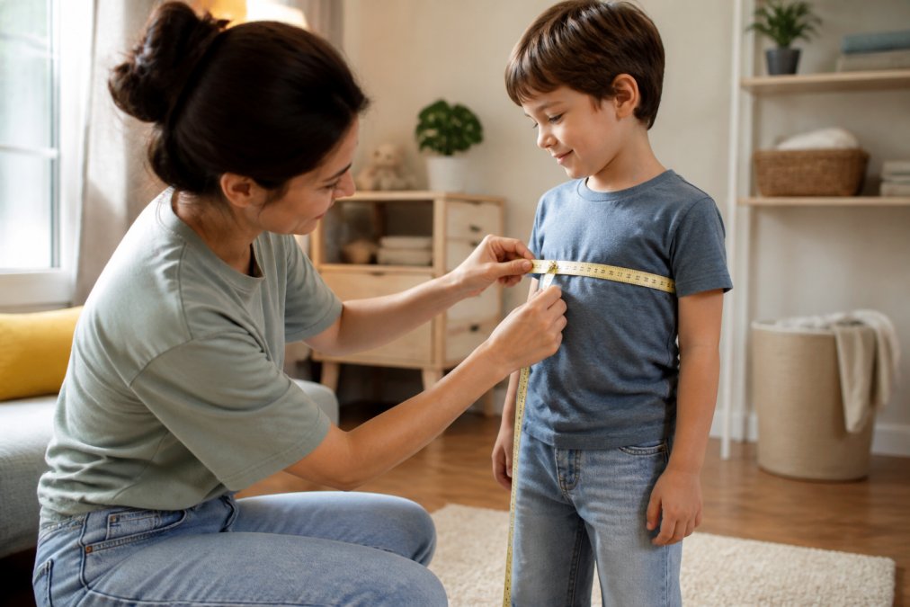 Parent measuring a young child's chest with a soft measuring tape, child standing relaxed in casual clothing, natural home lighting