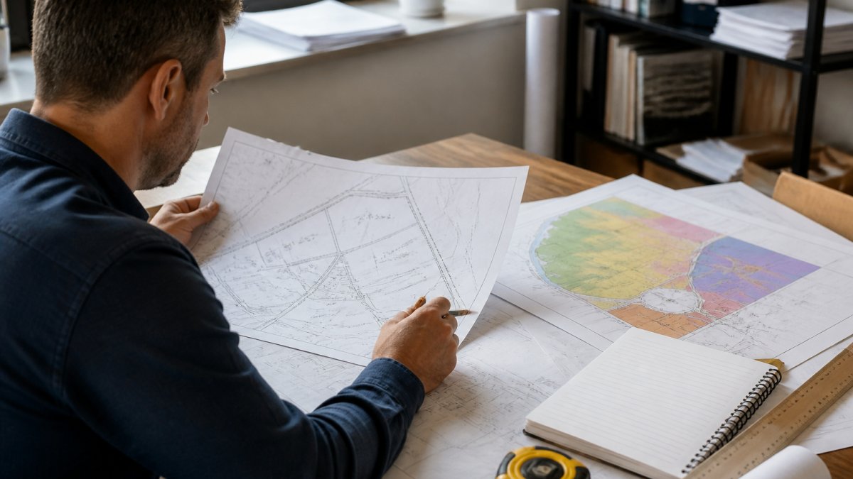 Surveyor reviewing property survey documents and zoning maps at desk with measuring tools and site plans visible, natural office lighting