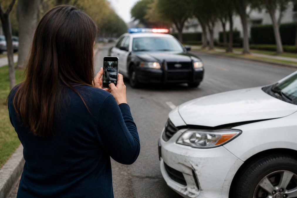Driver taking photos of car damage as police arrive, a vital step before you learn how to find legal representation for hit