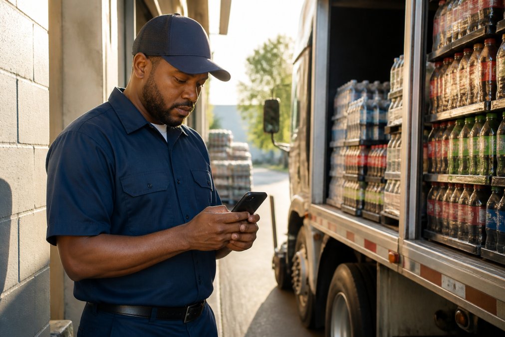 A delivery driver in uniform reviewing job listings on a smartphone while standing beside a beverage truck at a loading dock in early morning light