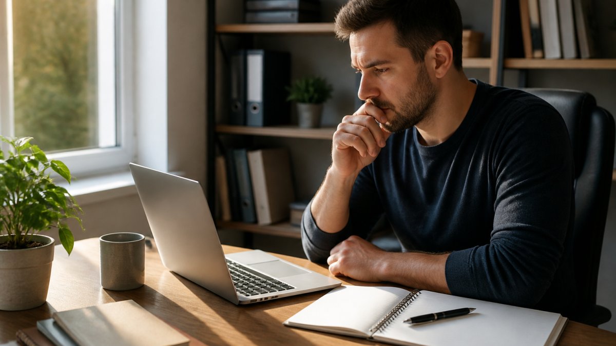 A person at a home desk reviewing course details on a laptop, notepad and pen nearby, warm afternoon light through a window, focused and cautious expression