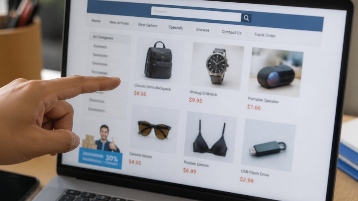 Close-up of a computer screen showing a suspicious online store website with poor design, blurry product photos, and warning signs visible, person's hand pointing at the problematic elements