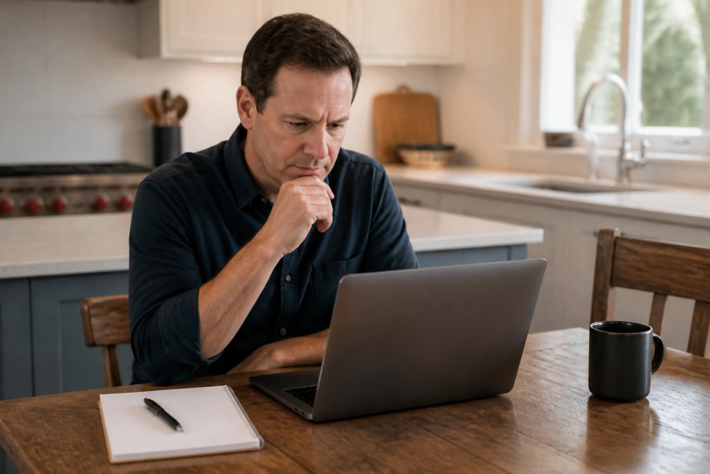 Homeowner using a laptop to verify a contractor's registration as part of how to find licensed home contractors in nj