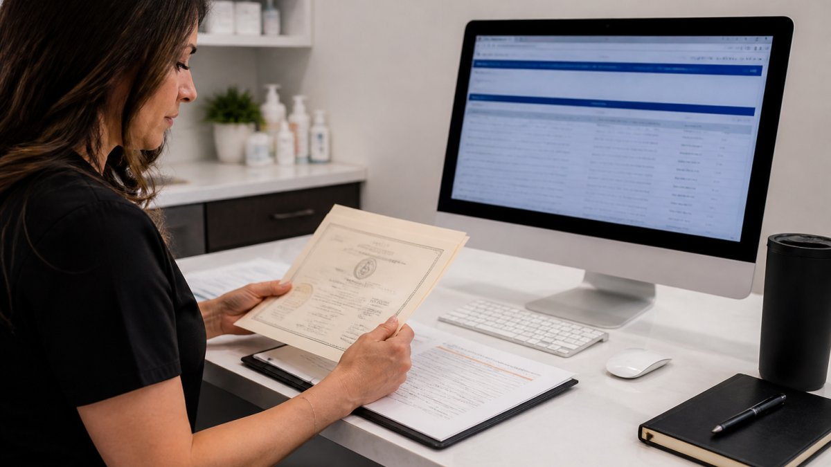 Healthcare provider verifying credentials of licensed medical providers for botox on a state board website