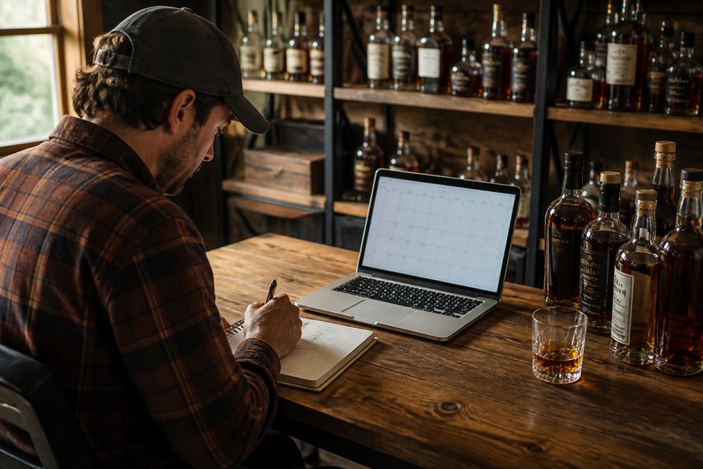 A bourbon enthusiast at a desk with a laptop open to a calendar app, a notebook with handwritten release dates, and several bourbon bottles on a shelf in the background, warm natural lighting
