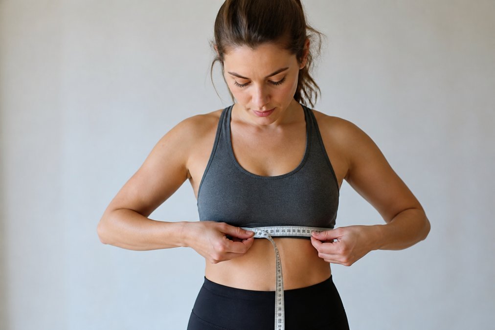Woman measuring her underbust with a soft measurement tape, standing straight against a neutral background, showing proper tape placement around the ribcage