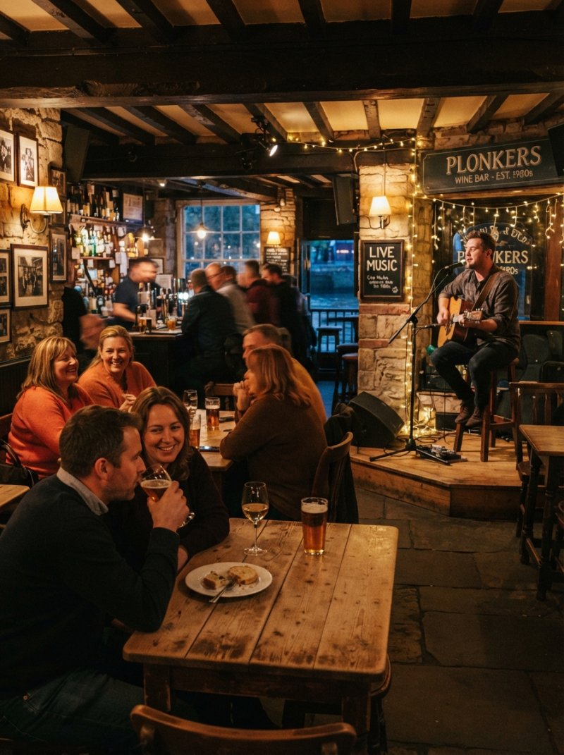 Cosy riverside pub interior with warm amber lighting, wooden beams, and patrons seated at tables enjoying drinks while a musician performs on a small raised stage