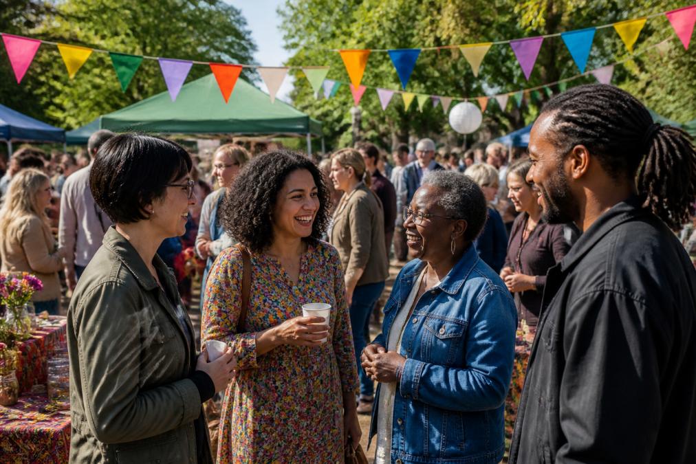 Group of diverse people at a community event or local gathering, chatting and engaging in activities together, colourful decorations and outdoor setting with natural daylight