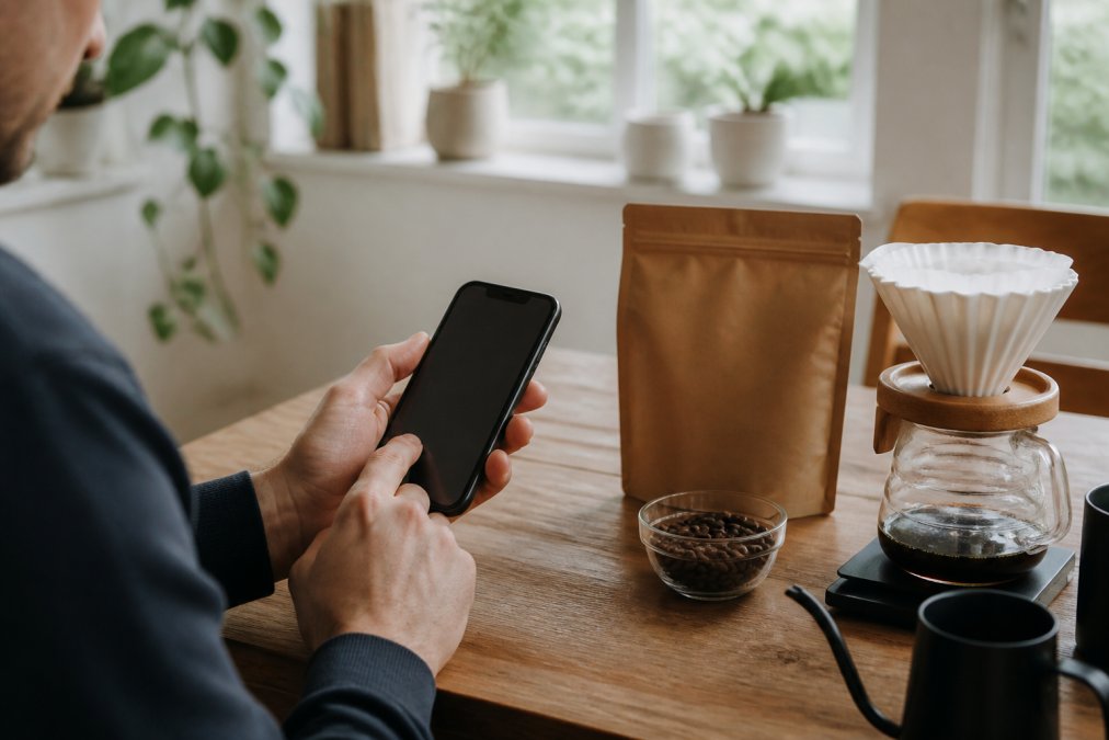 Step-by-step infographic showing how to find local coffee roasters using a smartphone at a kitchen table.