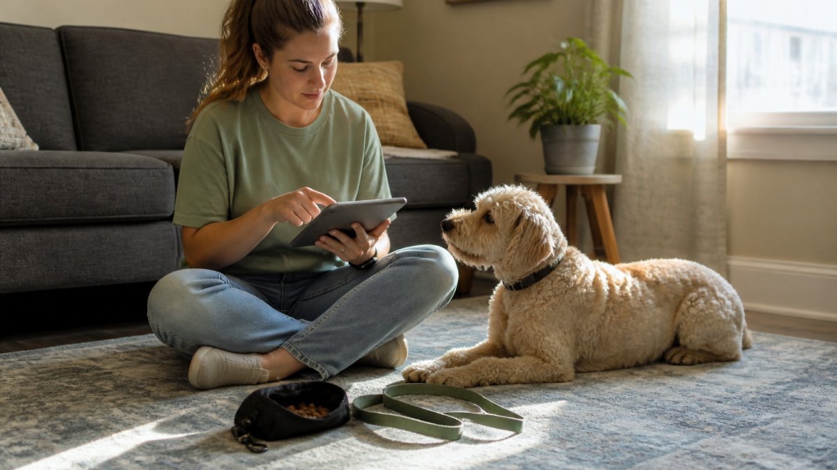 A dog owner sitting cross-legged on a living room floor with a calm, attentive dog, reviewing a training plan on a tablet, with a leash and treat pouch nearby in soft afternoon light