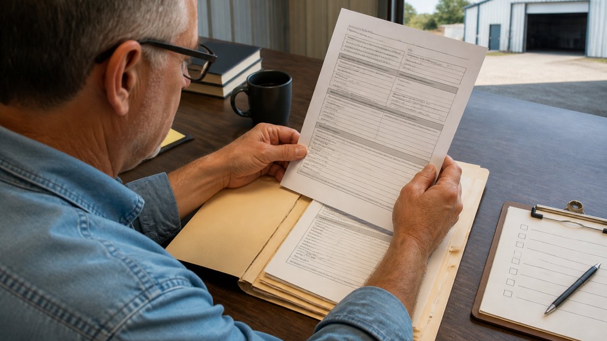 Property owner reviewing contractor credentials and insurance documents at desk with folder of paperwork and checklist visible
