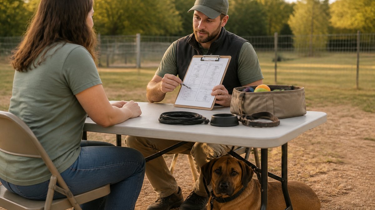 Process flowchart for a local professional dog trainer reviewing certification documents with a client