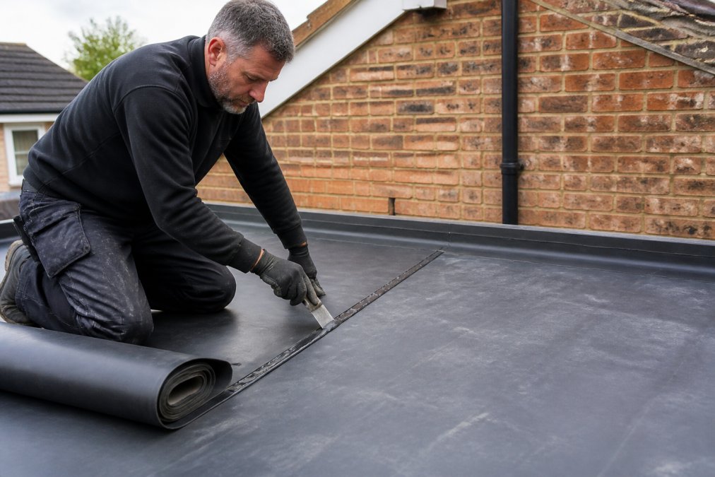 Professional roofer installing EPDM rubber roofing membrane on a flat garage extension roof, showing the seams being sealed with adhesive, with weathered brick walls visible in the background