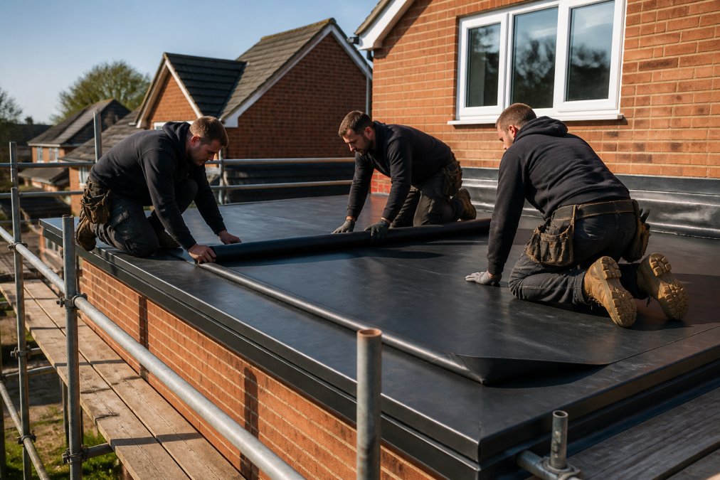 Experienced roofing team installing a flat garage extension roof, with two workers securing EPDM membrane while a third checks alignment, scaffolding visible around the structure, morning sunlight casting shadows across the work