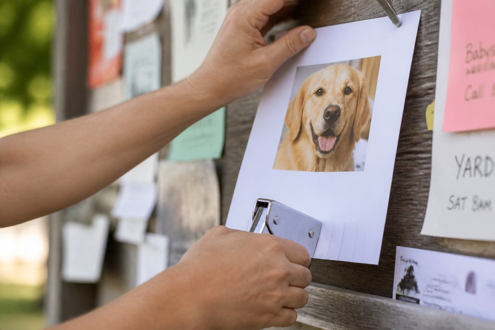 Close-up of a pair of hands pressing a staple gun into a colourful lost pet flyer on a wooden community noticeboard, other handwritten community notices and business cards visible in the soft-focus background, natural outdoor lighting