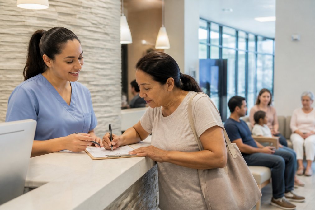 Friendly receptionist assisting a patient with paperwork for low cost dental services at a community clinic.