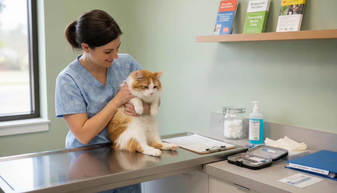 A friendly veterinary technician in light blue scrubs gently holding a calm tabby cat on a stainless steel exam table inside a clean, modern veterinary clinic with bright overhead lighting and medical equipment visible in the background