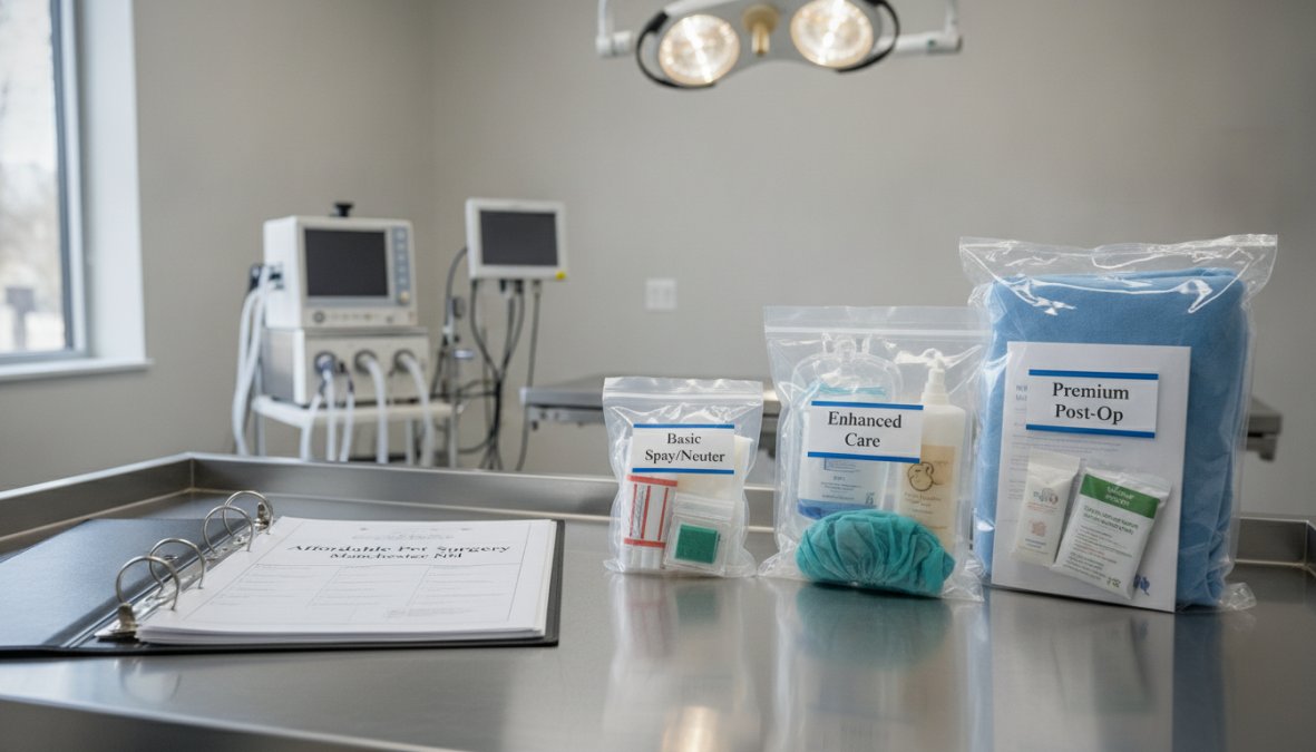A veterinarian in green surgical gloves and a blue surgical mask carefully preparing a small beagle for a procedure on a stainless steel operating table in a well-lit veterinary surgery room, with anesthesia equipment and surgical instruments visible in the background