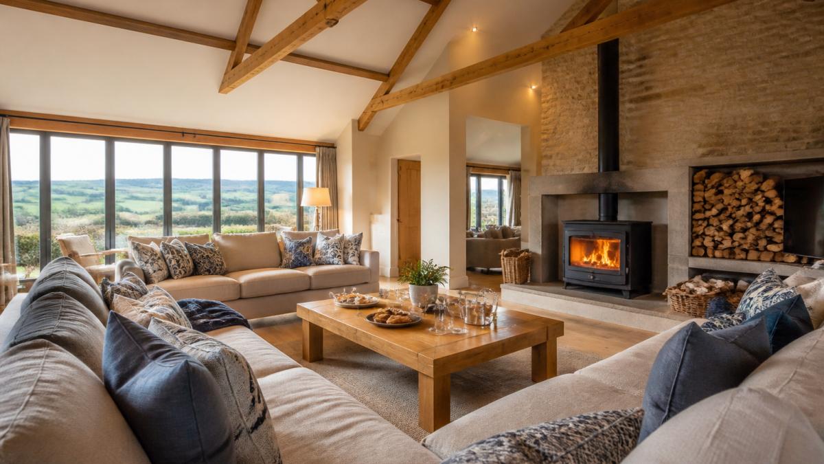 Spacious, bright living room in a luxury holiday home with large comfortable sofas arranged in a conversational layout, countryside views through tall windows, warm lighting from a fireplace with logs stacked nearby
