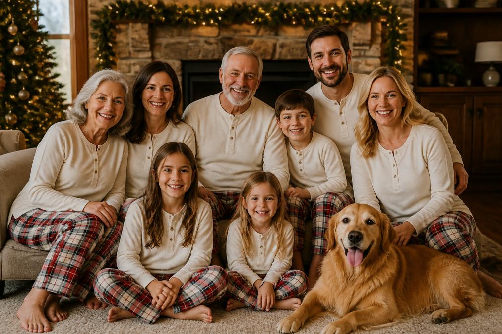 Multi-generational family wearing coordinated cream and plaid holiday pajama sets in a warm, cozy living room with soft lighting, holiday garland, and a fireplace, all smiling and relaxed