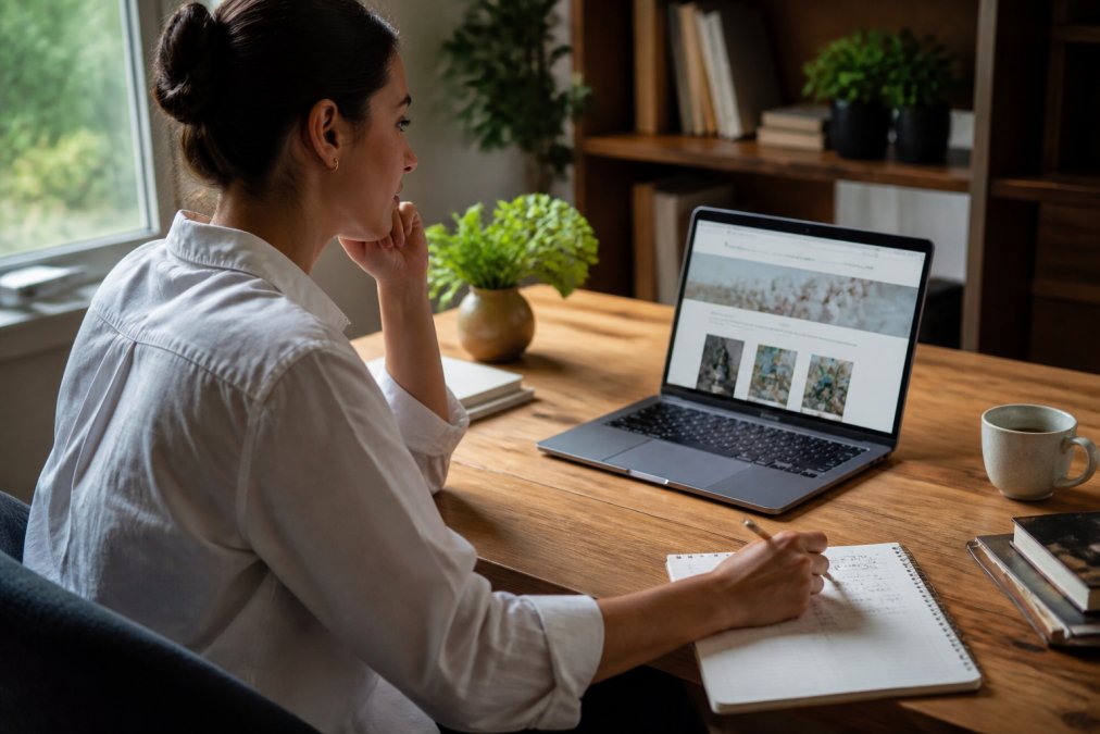 A professional woman researching meaningful apparel on her laptop at a sunlit wooden desk.